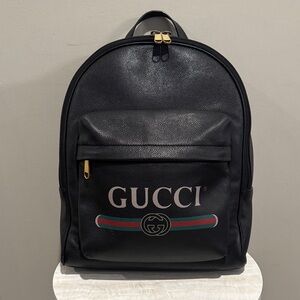 Gucci Web Logo Black Leather Backpack